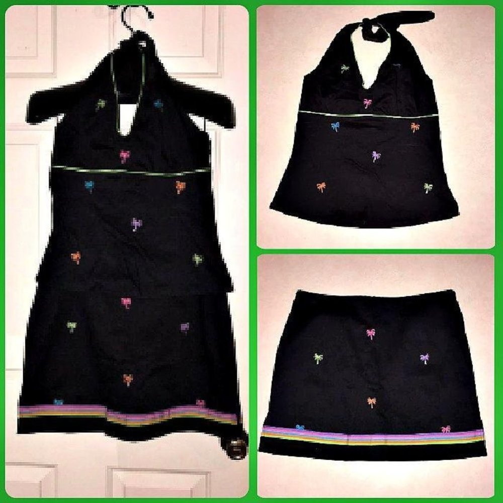 Vintage Black Two Piece Palm Trees Skort Halter Set